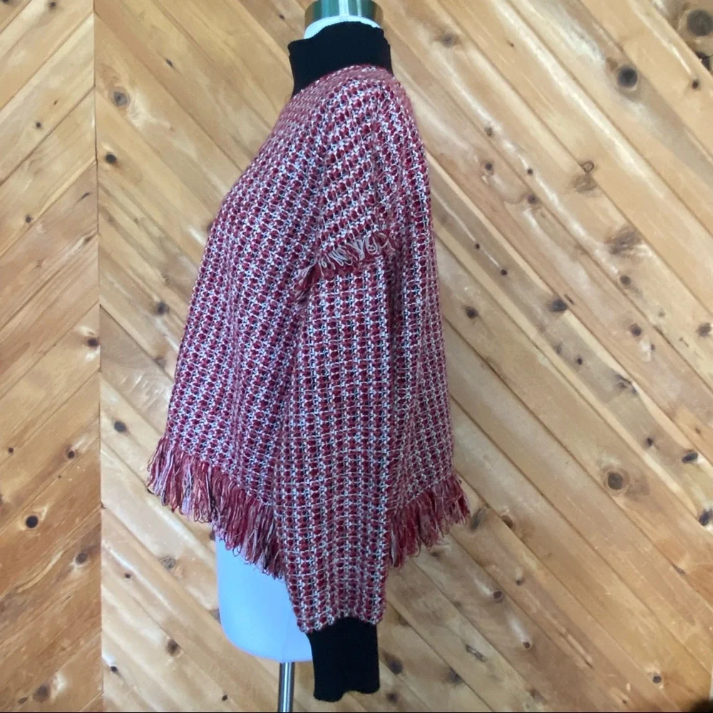 Zara Red Black Mock-Neck Tweed Fringe Pullover Sweater - Picture 3 of 9